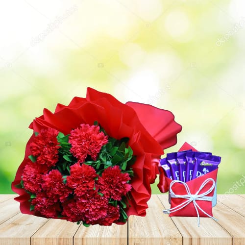 Red Carnation Bunch With Dairy Milk Chocolate