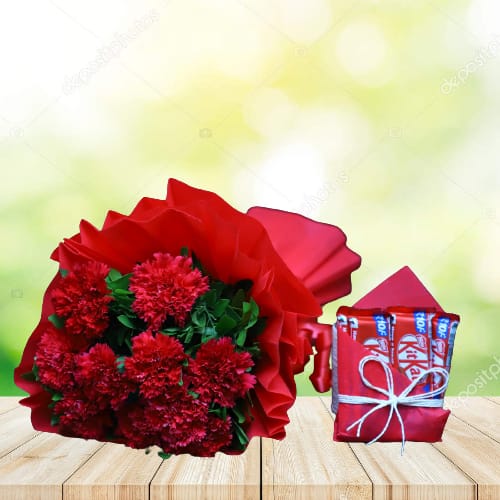 Red Carnation Bunch With Kitkat Chocolate