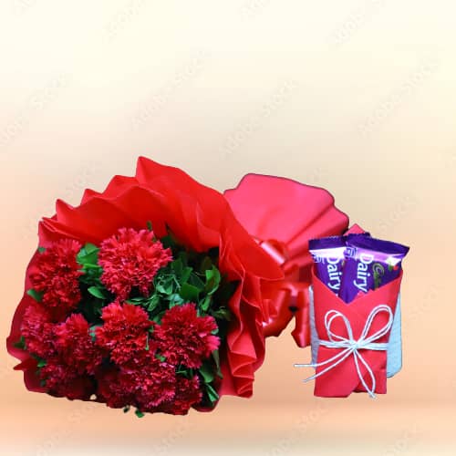 Ten red Carnation Bunch With Cadbury Fruit & Nut