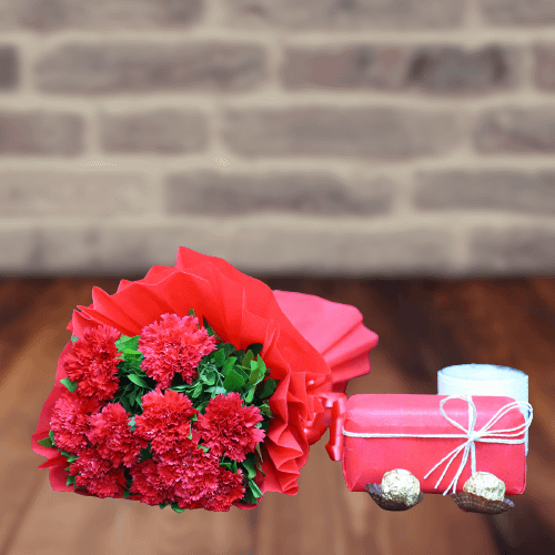 Red Carnation Bunch With Ferrero Rocher Box