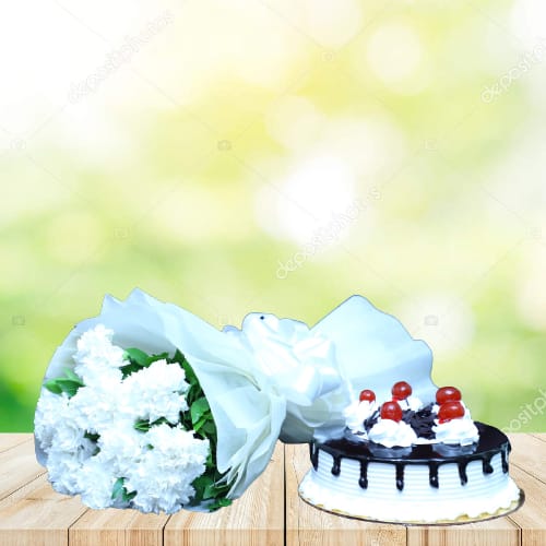 White Carnation Bunch And 500 Gm Balck Forest Cake