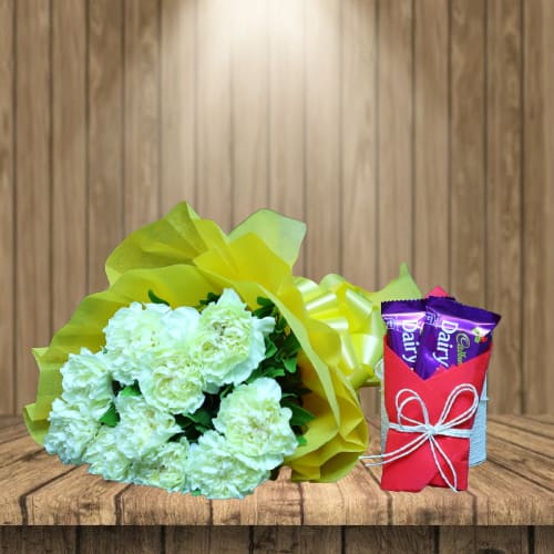 Yellow Carnation Bunch With Dairy Milk Fruit & Nut