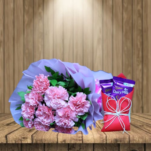 Pink Carnation Bunch With Dairy Milk Silk