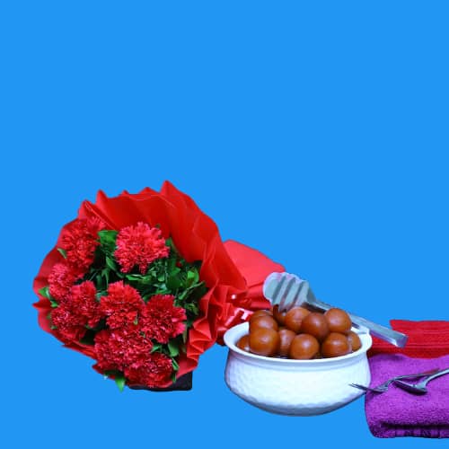 Red Carnation Bunch With Gulab Jamun