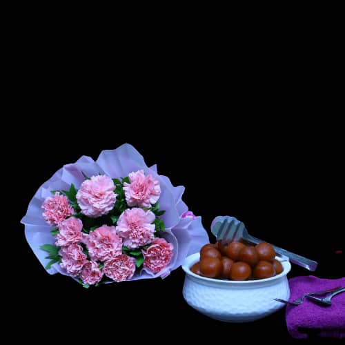 Pink Carnation Bunch With Gulab Jamun