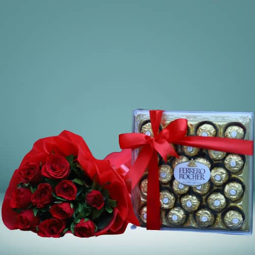 Red Roses Bunch With Ferrero Rocher Box