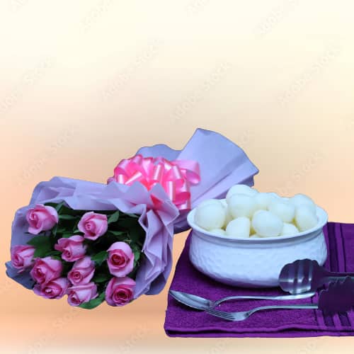 Pink Roses Bunch With Rasgulla