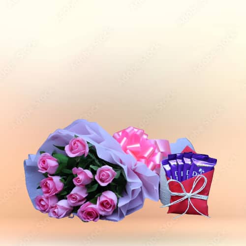 Pink Roses Bunch With Dairy Milk Chocolate