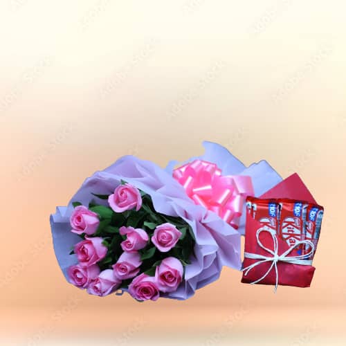 Pink Roses Bunch With Kitkat Chocolate