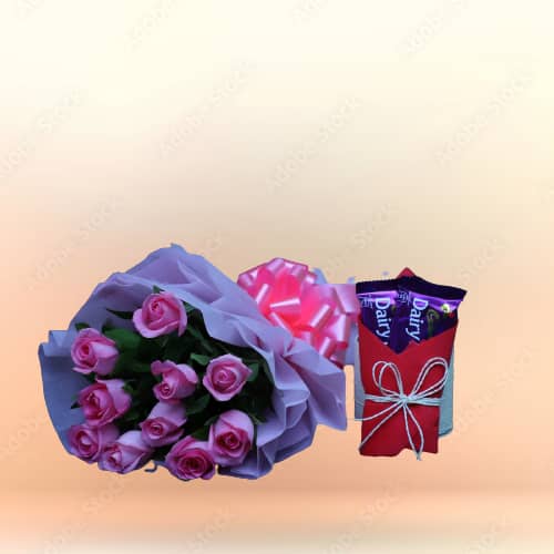 10 Pink Roses Bunch With Dairy Milk Fruit & Nut