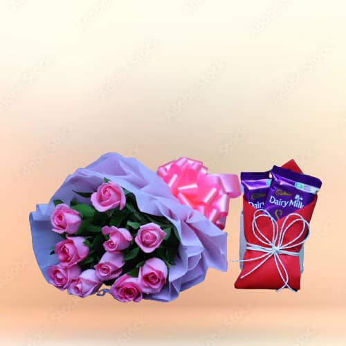 pink Roses Bunch With Dairy Milk Silk Chocolate