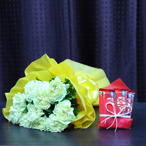 Yellow Carnation Bunch With Kitkat Chocolate