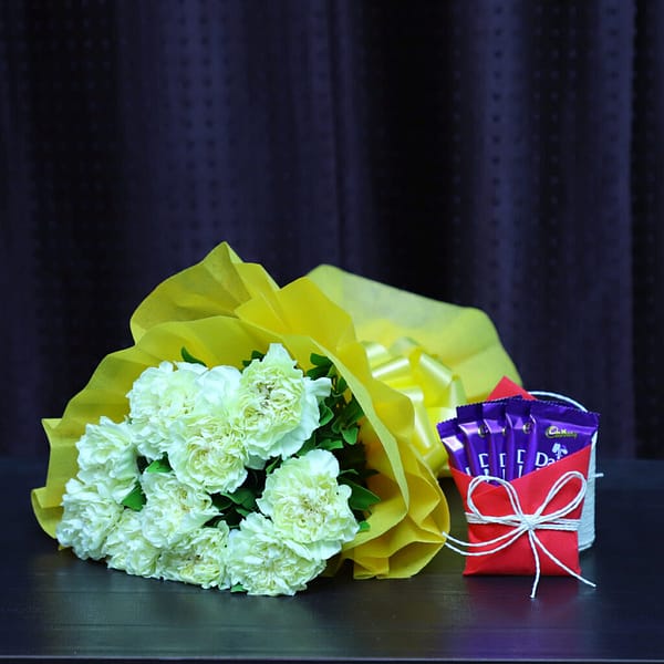 Yellow Carnation Bunch With Dairy Milk