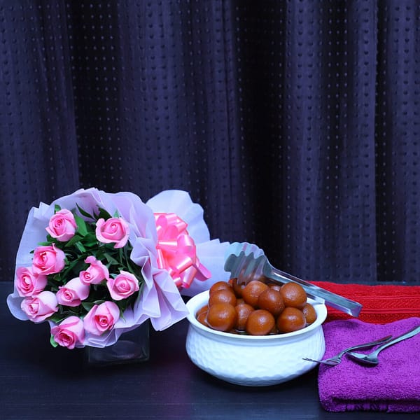 Pink Roses Bunch With Gulab jamun Sweet