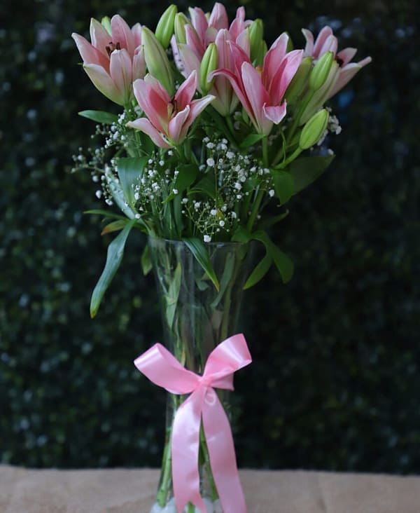 Shining Pink Asiatic Lily In Glass Vase