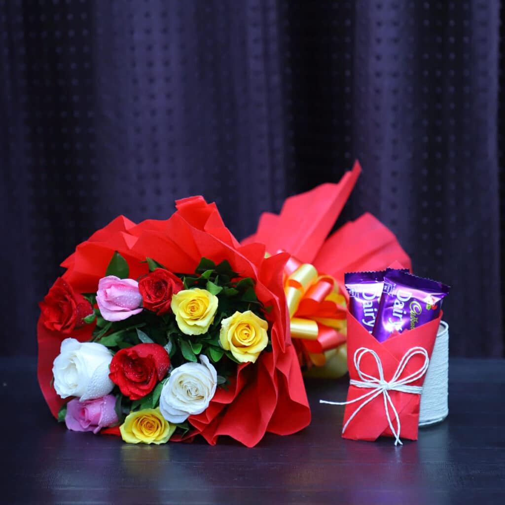 10 Mix Roses Bunch With Dairy Milk Fruit & Nut Chocolate Yhoja